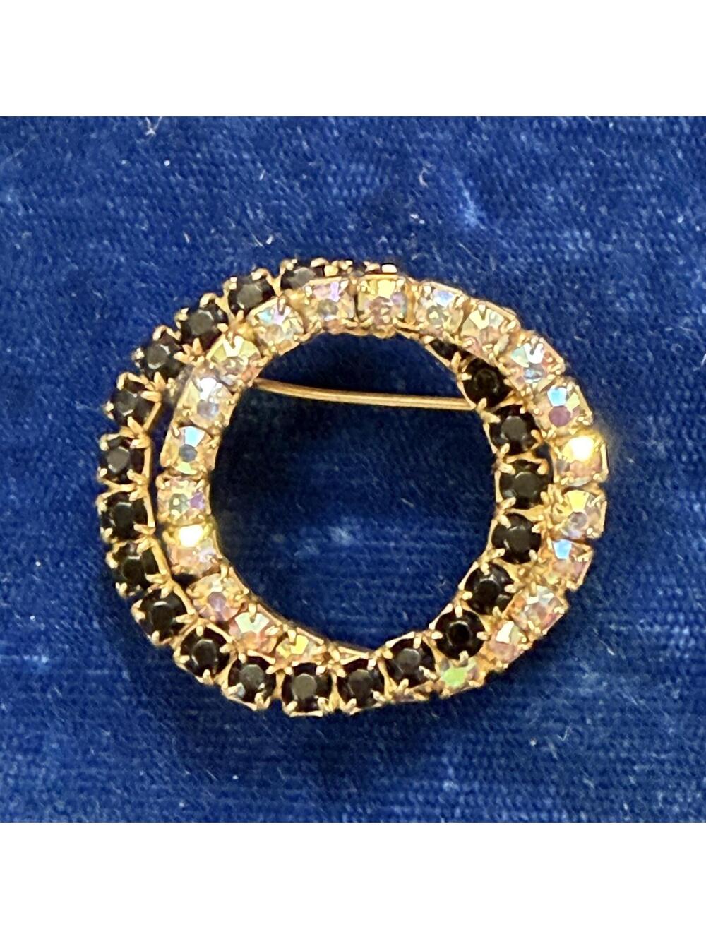 Aurora Borealis & black rhinestone brooch vintage 60s